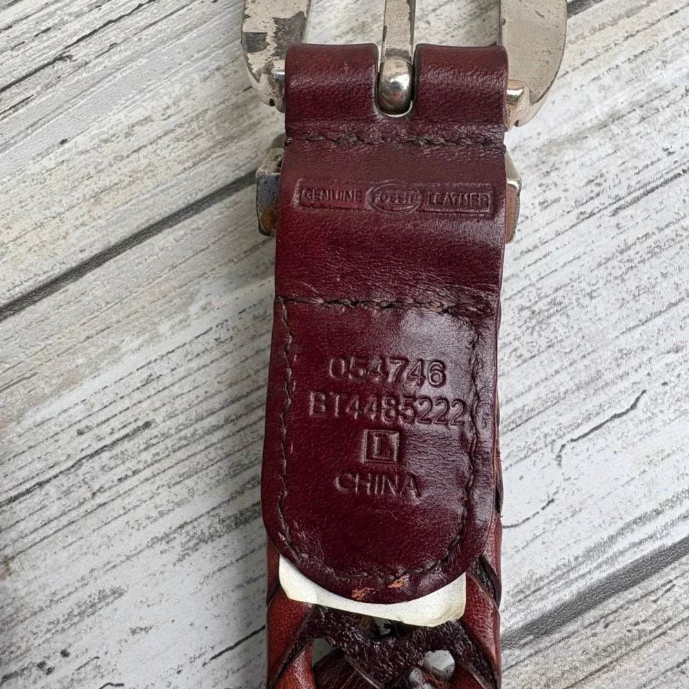 VTG‎ Fossil Braided Leather Belt Size L Brown Western Silver Buckle Rustic Boho
